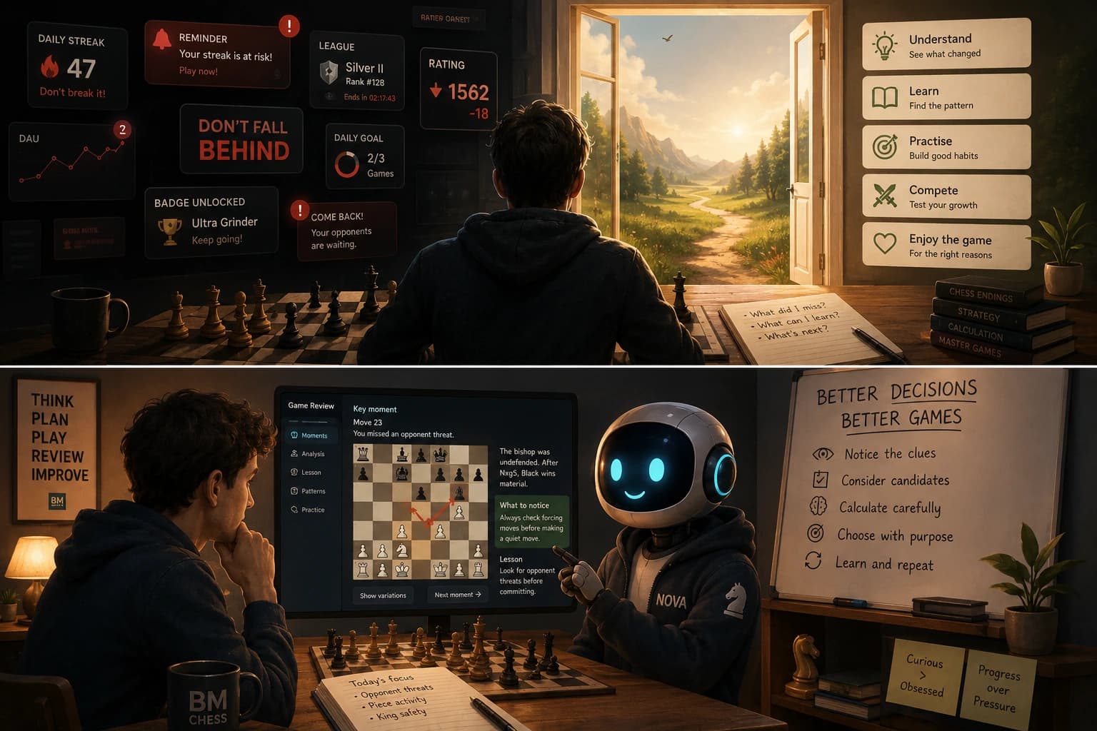 A player turns away from streak pressure and rating anxiety toward understanding, practice, and a thoughtful game review with Nova.