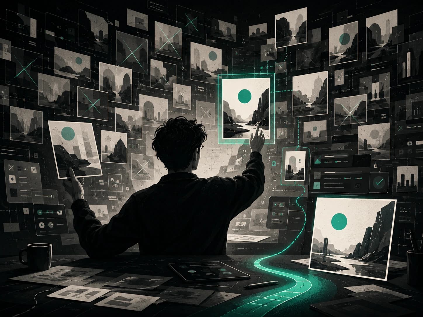 A designer selects one coherent image from a wall of plausible variations, turning abundance into a deliberate visual direction.