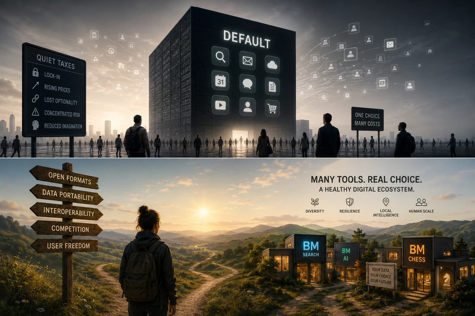 A dominant digital default gives way to an ecosystem built on open formats, portability, interoperability, competition, and user freedom.