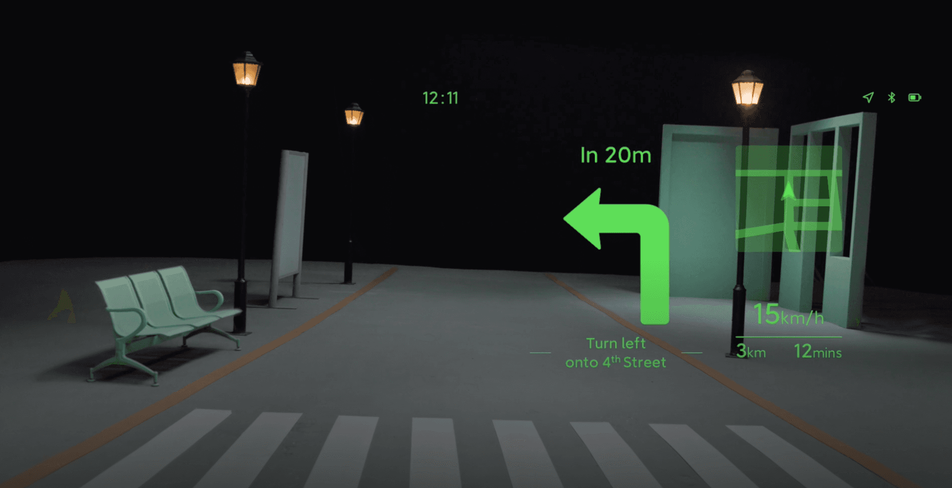 A simulated navigation interface viewed through Xiaomi smart glasses.