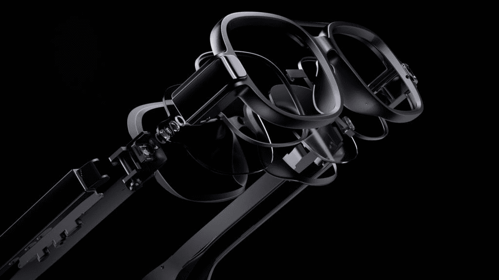 An exploded render showing the components inside the Xiaomi smart glasses.