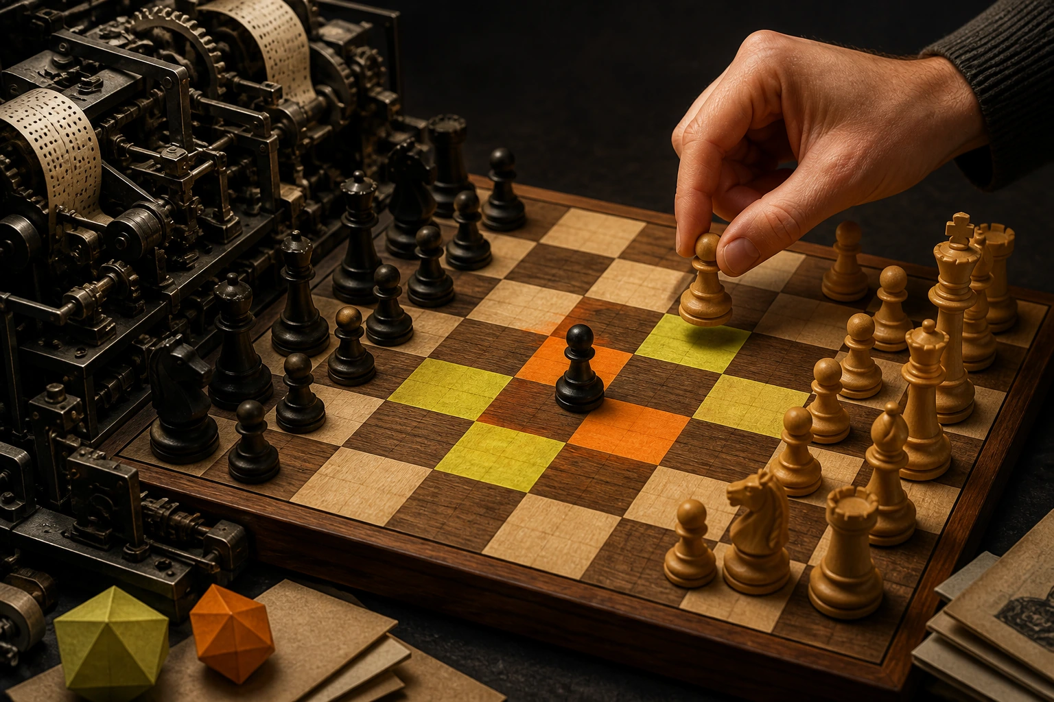 A mechanical calculating machine gives way to a human hand finding clear patterns on a wooden chessboard.