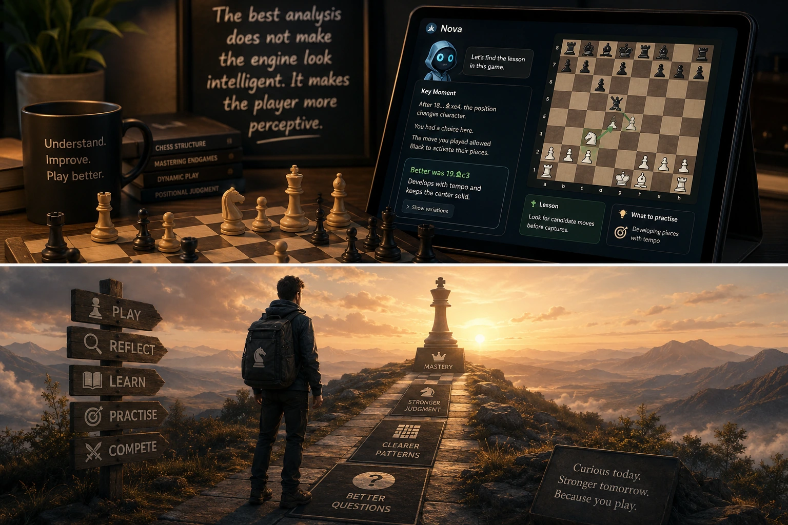 A chess player reviews a game with Nova before following a path toward stronger judgment and clearer patterns.